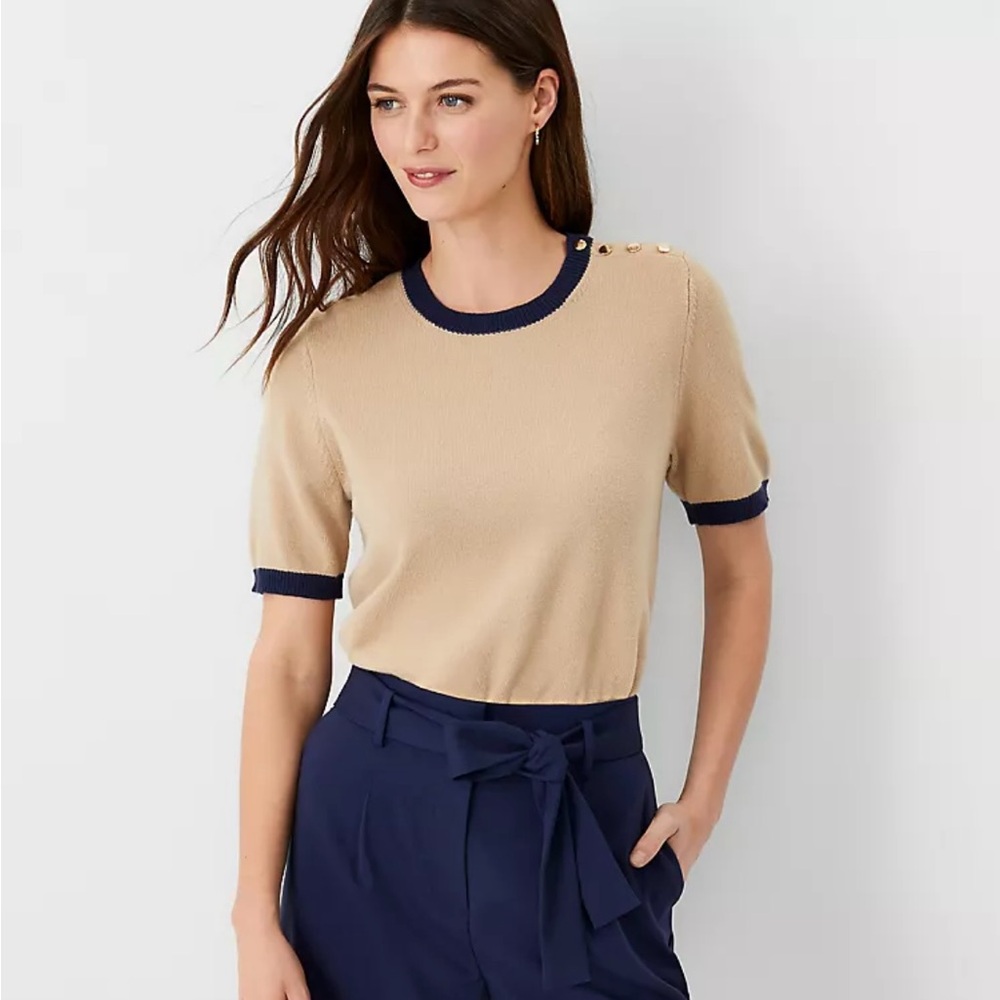 Ann Taylor Tipped Shoulder Button Sweater Tee